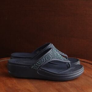 Crocs Sandals Womens SZ 9 Blue Monterey Diamante Studded Wedge Thong Shoe 206343